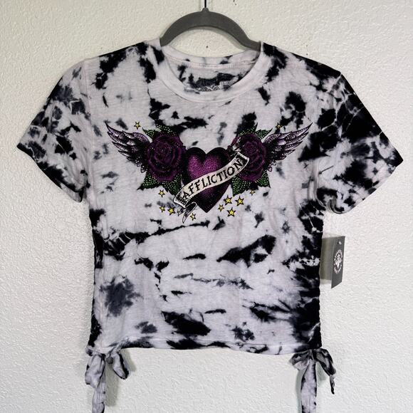 Affliction Tops - Affliction Y2K Top Womens XS Rhinestone Heart Crop Tee Ruched Tie Sides NEW